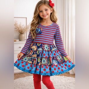 Mustard Pie Girls Patchwork Twirl Dress Size 4T Striped Tiered Cotton